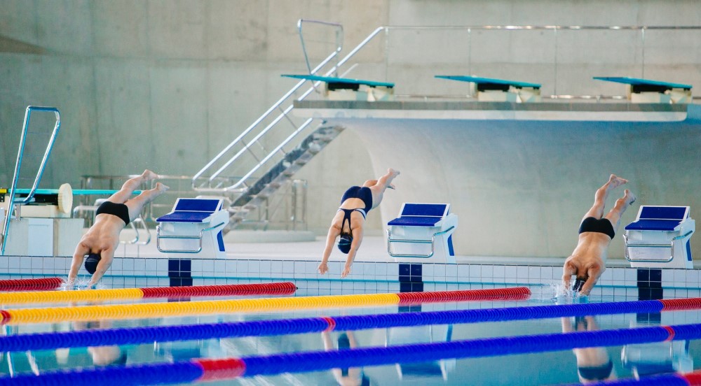 swimmers diving into a swimming pool