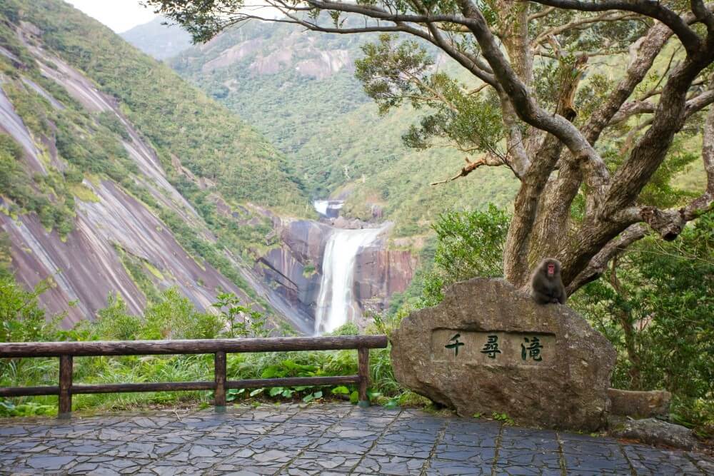 a waterfall and a stone tablet in Japan
