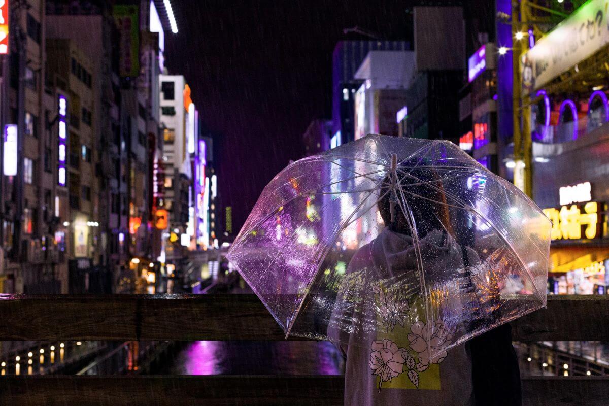 Someone holding an umbrella on a rainy Japanese street