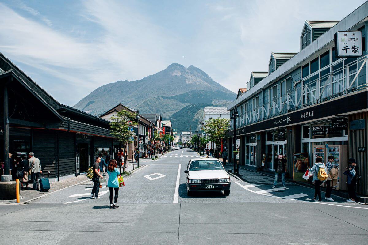 A rural street in Japan with a mountain view